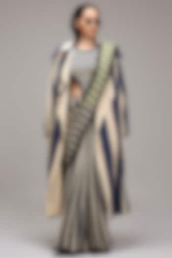 Off-White Mul Cotton Hand Block Stripe Printed Jacket Wedding Saree Set by Mati at Pernia's Pop Up Shop