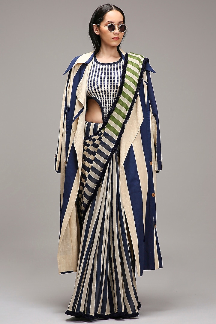 Off-White Mul Cotton Hand Block Stripe Printed Jacket Wedding Saree Set by Mati at Pernia's Pop Up Shop