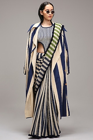Off-White Mul Cotton Hand Block Stripe Printed Jacket Saree Set by Mati