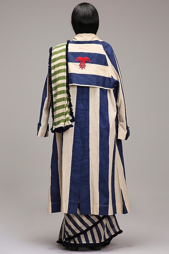 Off-White Mul Cotton Hand Block Stripe Printed Jacket Wedding Saree Set by Mati at Pernia's Pop Up Shop