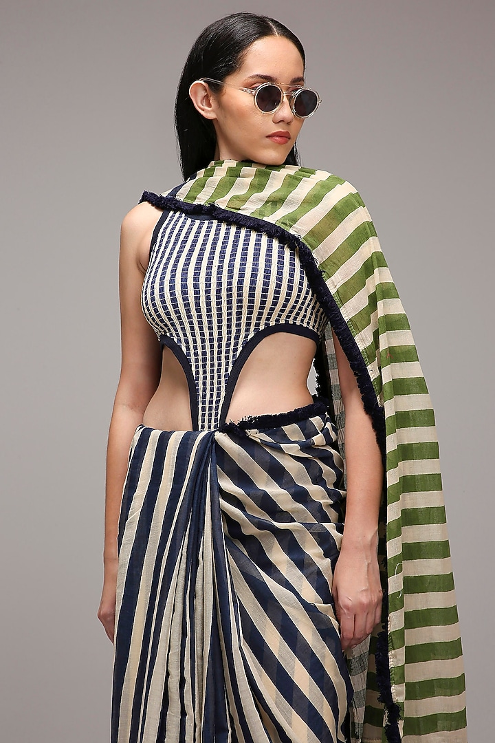 Off-White Mul Cotton Hand Block Stripe Printed Jacket Wedding Saree Set by Mati at Pernia's Pop Up Shop