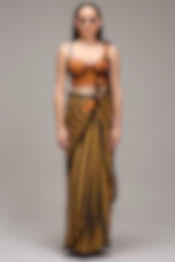 Tan Brown Handwoven Cotton Stripe Printed Party Wear Saree Set by Mati at Pernia's Pop Up Shop