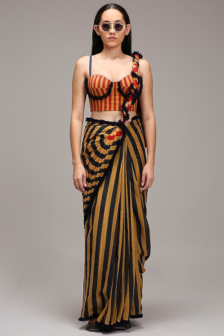 Tan Brown Handwoven Cotton Stripe Printed Party Wear Saree Set by Mati at Pernia's Pop Up Shop
