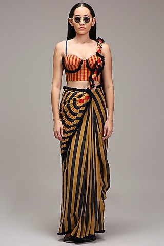 Tan Brown Handwoven Cotton Stripe Printed Saree Set by Mati