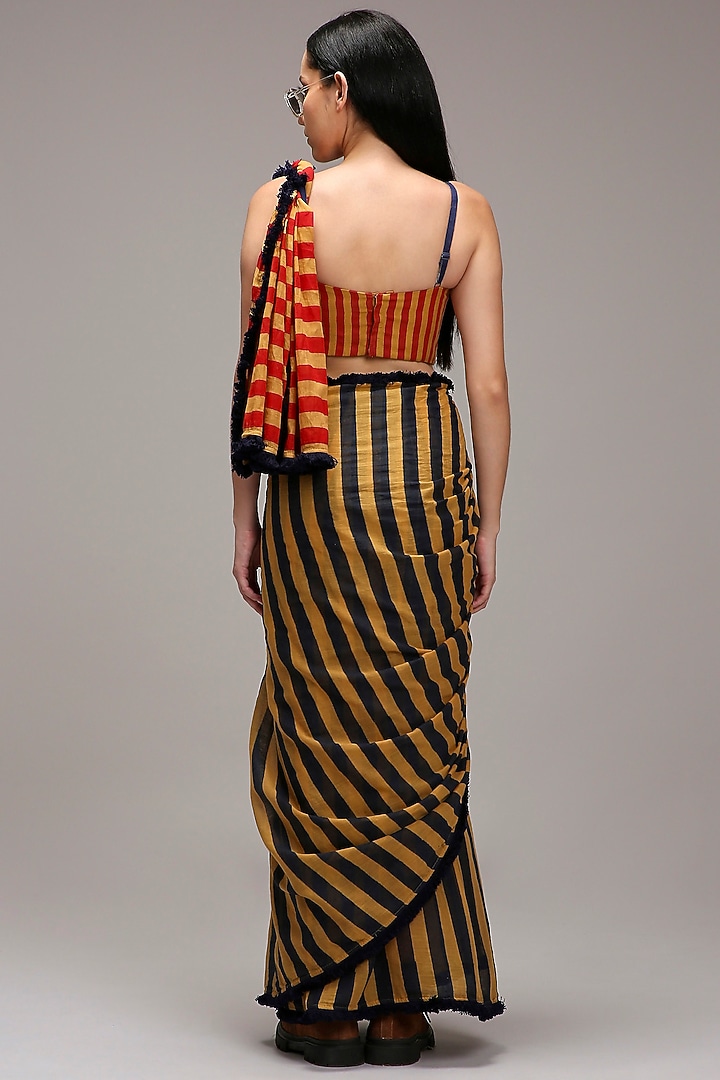 Tan Brown Handwoven Cotton Stripe Printed Party Wear Saree Set by Mati at Pernia's Pop Up Shop