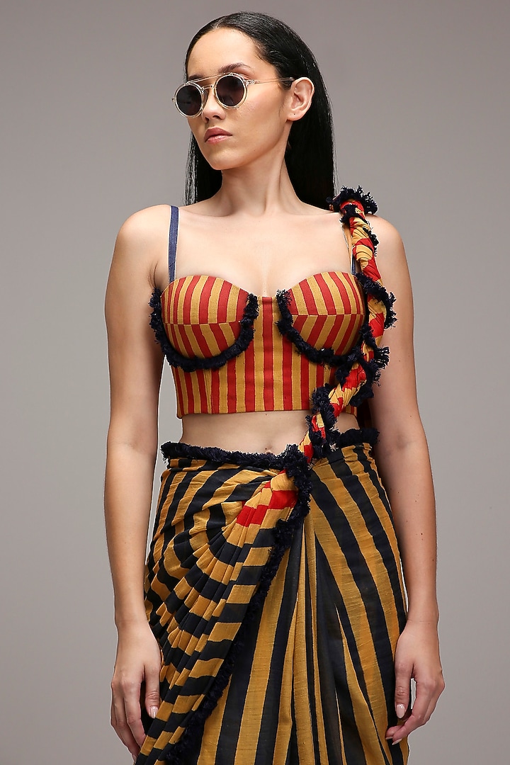 Tan Brown Handwoven Cotton Stripe Printed Party Wear Saree Set by Mati at Pernia's Pop Up Shop