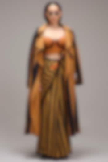 Tan Brown Handwoven Cotton Stripe Printed Jacket Wedding Saree Set by Mati at Pernia's Pop Up Shop