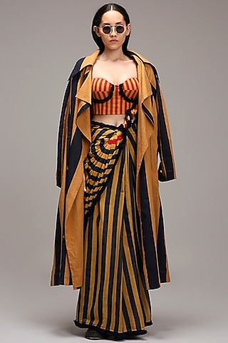 Tan Brown Handwoven Cotton Stripe Printed Jacket Saree Set by Mati