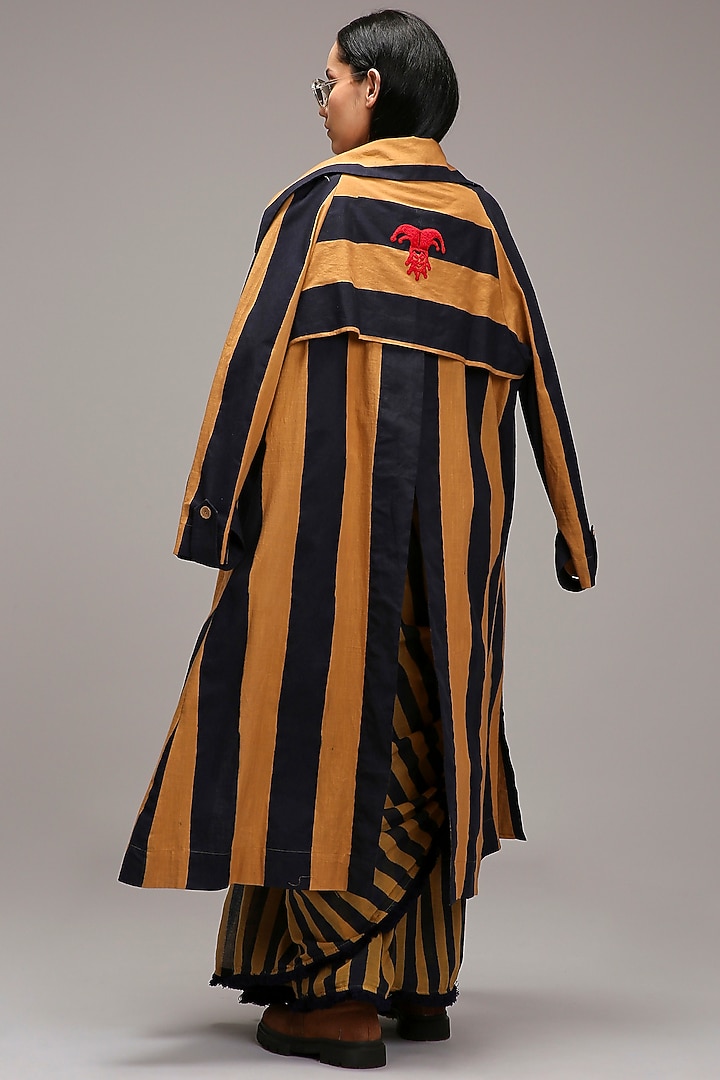 Tan Brown Handwoven Cotton Stripe Printed Jacket Wedding Saree Set by Mati at Pernia's Pop Up Shop
