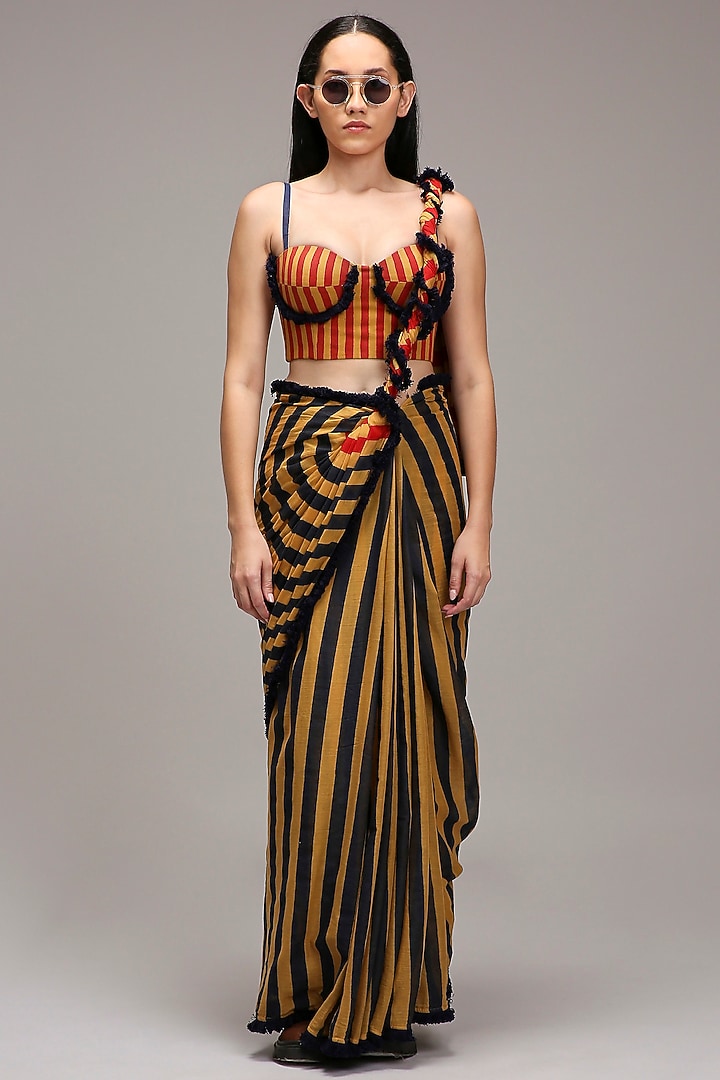 Tan Brown Handwoven Cotton Stripe Printed Jacket Wedding Saree Set by Mati at Pernia's Pop Up Shop