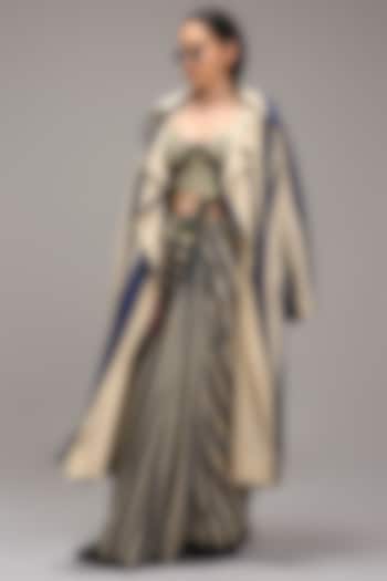 Off-White Handwoven Cotton Stripe Printed Jacket Wedding Saree Set by Mati at Pernia's Pop Up Shop