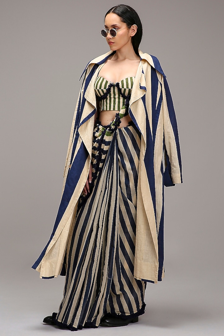Off-White Handwoven Cotton Stripe Printed Jacket Wedding Saree Set by Mati at Pernia's Pop Up Shop