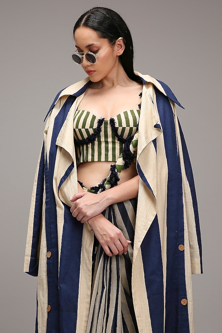 Off-White Handwoven Cotton Stripe Printed Jacket Wedding Saree Set by Mati at Pernia's Pop Up Shop