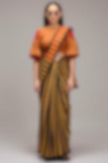 Tan Brown Handwoven Cotton Stripe Printed Party Wear Saree Set by Mati at Pernia's Pop Up Shop