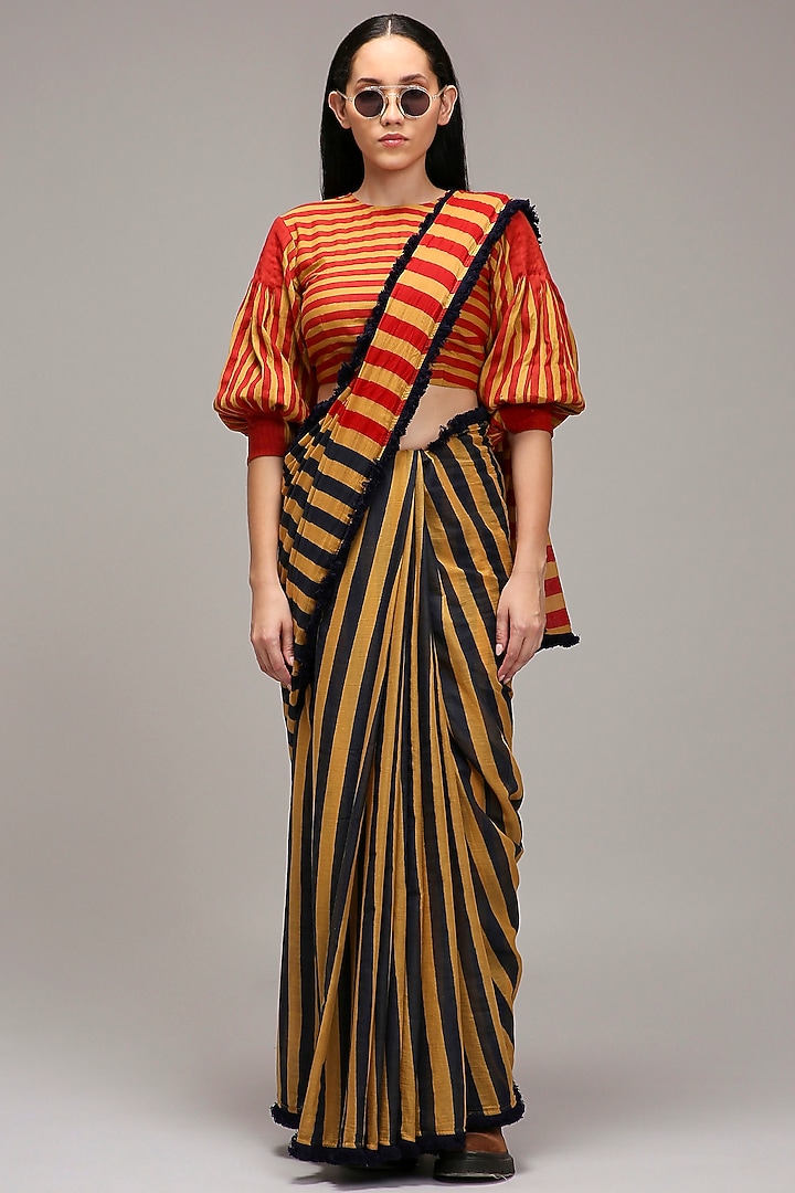 Tan Brown Handwoven Cotton Stripe Printed Party Wear Saree Set by Mati at Pernia's Pop Up Shop
