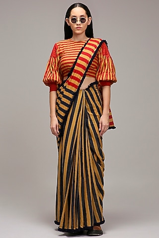 Tan Brown Handwoven Cotton Stripe Printed Saree Set by Mati