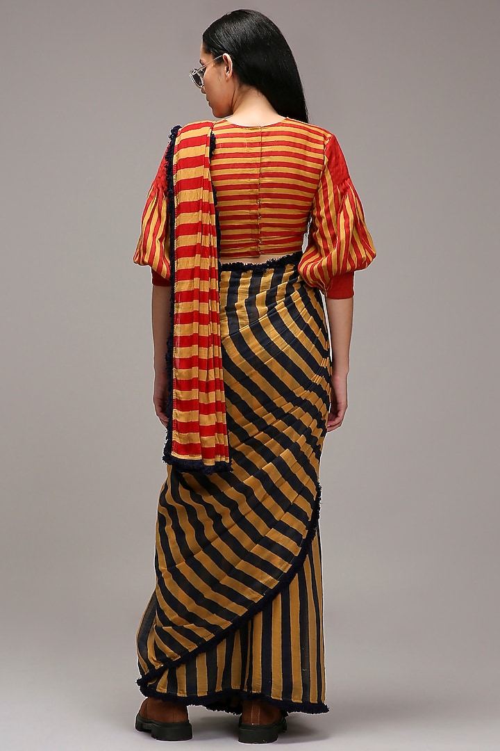 Tan Brown Handwoven Cotton Stripe Printed Party Wear Saree Set by Mati at Pernia's Pop Up Shop