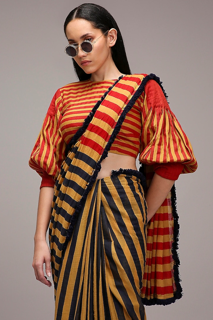 Tan Brown Handwoven Cotton Stripe Printed Party Wear Saree Set by Mati at Pernia's Pop Up Shop