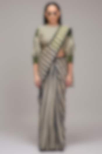 Off-White Handwoven Cotton Stripe Printed Party Wear Saree Set by Mati at Pernia's Pop Up Shop