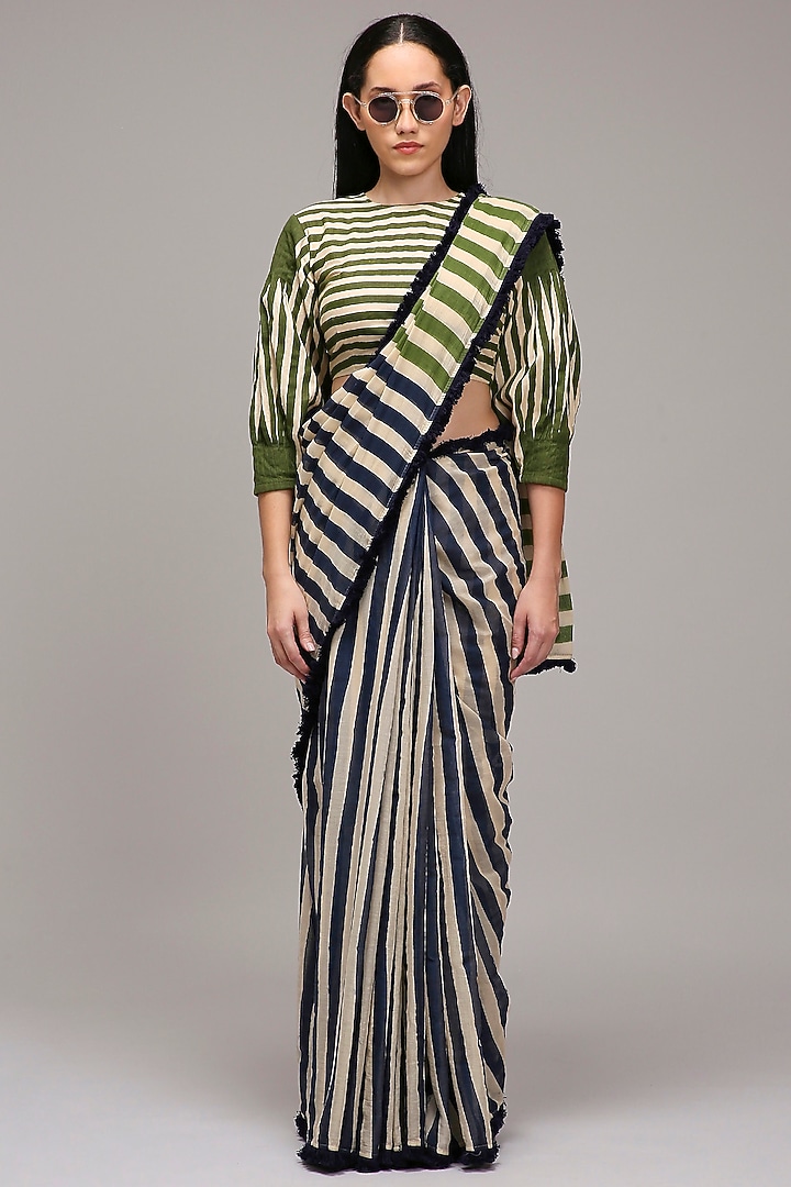 Off-White Handwoven Cotton Stripe Printed Party Wear Saree Set by Mati at Pernia's Pop Up Shop