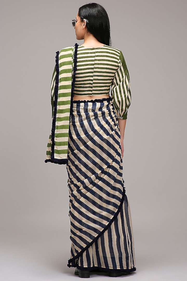 Off-White Handwoven Cotton Stripe Printed Party Wear Saree Set by Mati at Pernia's Pop Up Shop