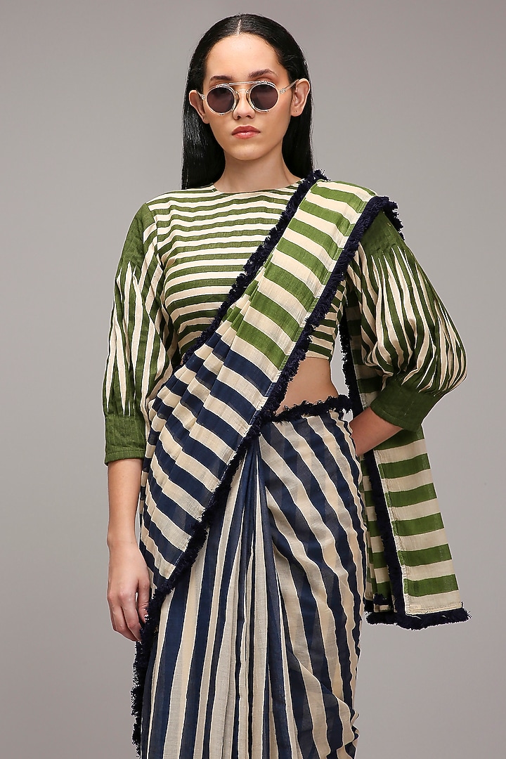 Off-White Handwoven Cotton Stripe Printed Party Wear Saree Set by Mati at Pernia's Pop Up Shop