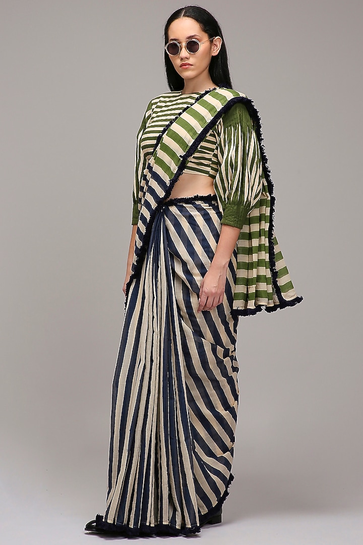 Off-White Handwoven Cotton Stripe Printed Party Wear Saree Set by Mati at Pernia's Pop Up Shop