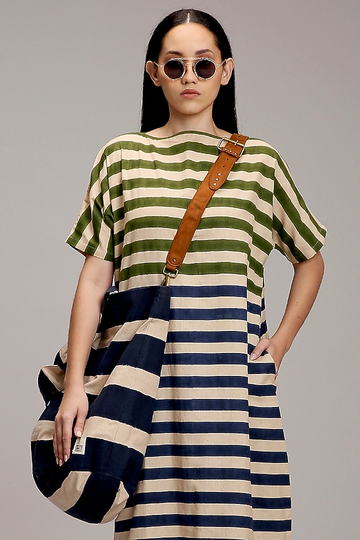 Off-White Handwoven Cotton Block Printed Tote Bag by Mati at Pernia's Pop Up Shop