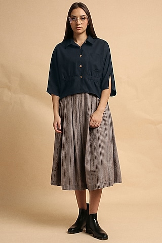 Grey Handspun Cotton Block Printed Skirt Set by Mati