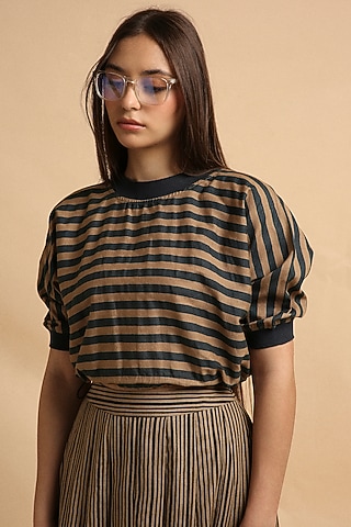 Brown Handspun Cotton Block Printed Top by Mati