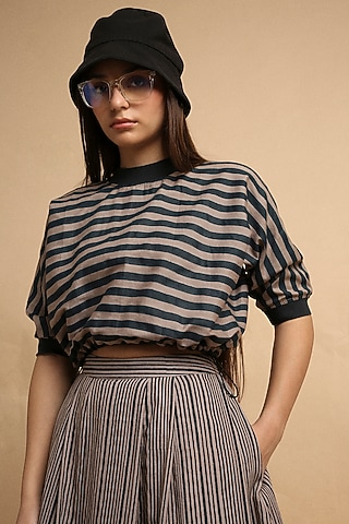 Grey Handspun Cotton Block Printed Top by Mati