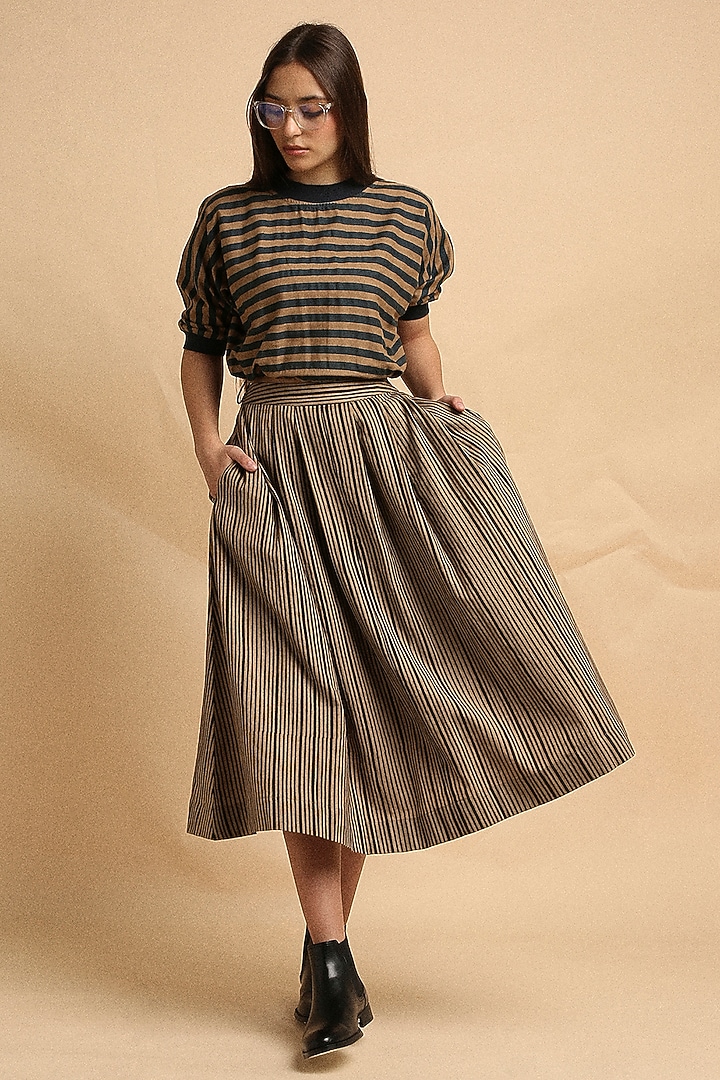 Brown Handspun Cotton Block Printed Skirt Set by Mati at Pernia's Pop Up Shop