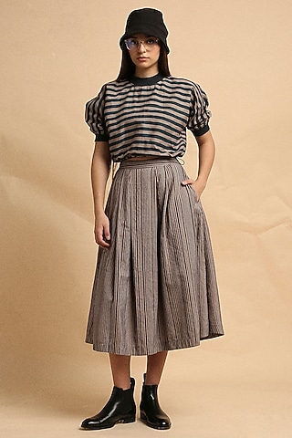 Grey Handspun Cotton Block Printed Skirt Set by Mati
