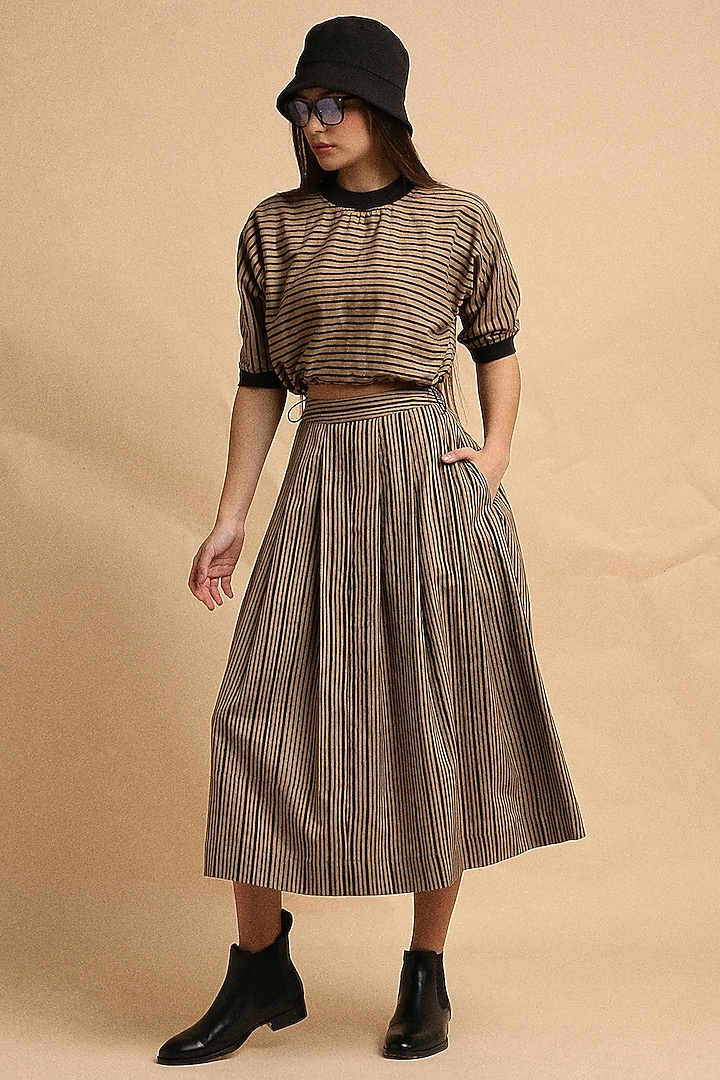 Brown Handspun Cotton Block Printed Skirt Set by Mati at Pernia's Pop Up Shop