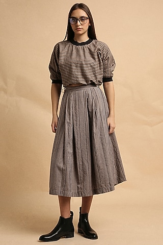 Grey Handspun Cotton Block Printed Skirt Set by Mati