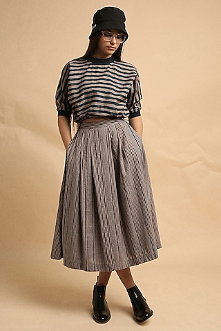 Grey Handspun Cotton Block Printed Skirt by Mati