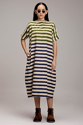 Off-White Handwoven Cotton Hand-Block Printed Dress by Mati