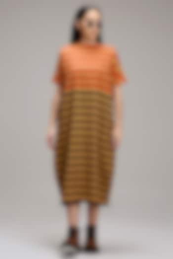Tan-Brown Handwoven Cotton Hand-Block Printed Summer Dress by Mati at Pernia's Pop Up Shop