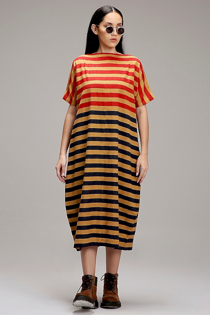 Tan-Brown Handwoven Cotton Hand-Block Printed Summer Dress by Mati at Pernia's Pop Up Shop