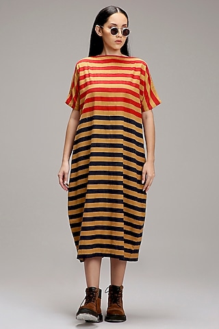 Tan-Brown Handwoven Cotton Hand-Block Printed Dress by Mati