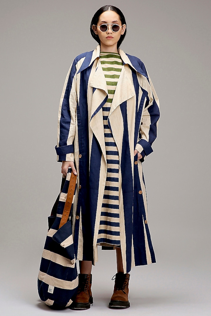 Off-White Handwoven Cotton Hand-Block Printed & Embroidered Jacket Vacation Dress by Mati at Pernia's Pop Up Shop