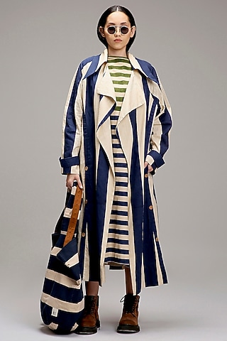 Off-White Handwoven Cotton Hand-Block Printed & Embroidered Jacket Dress by Mati
