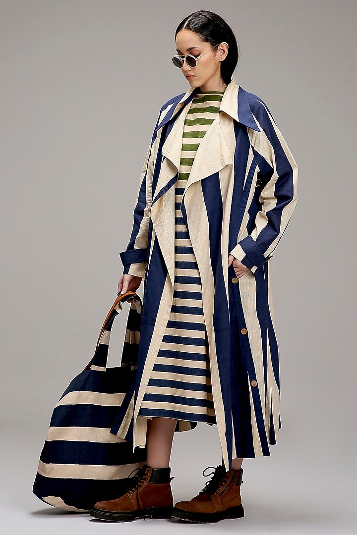 Off-White Handwoven Cotton Hand-Block Printed & Embroidered Jacket Vacation Dress by Mati at Pernia's Pop Up Shop