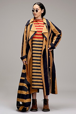 Tan-Brown Handwoven Cotton Hand-Block Printed & Embroidered Jacket Dress by Mati