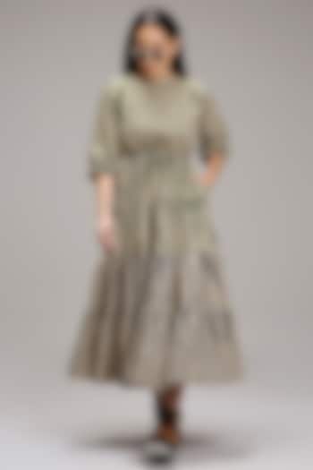 Shell Green & Blue Handwoven Cotton Hand-Block Printed Tiered Vacation Dress by Mati at Pernia's Pop Up Shop