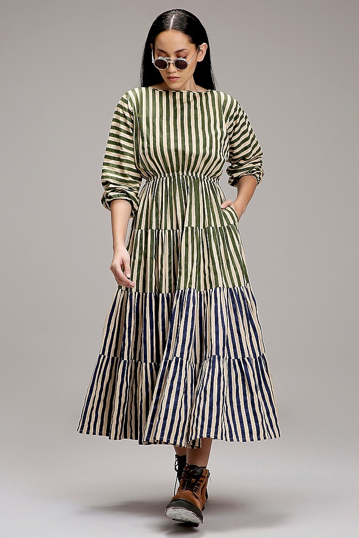Shell Green & Blue Handwoven Cotton Hand-Block Printed Tiered Vacation Dress by Mati at Pernia's Pop Up Shop