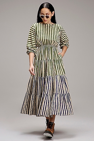 Shell Green & Blue Handwoven Cotton Hand-Block Printed Tiered Dress by Mati