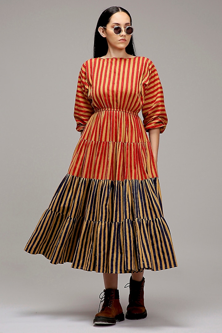 Shell Green & Blue Handwoven Cotton Hand-Block Printed Tiered Vacation Dress by Mati at Pernia's Pop Up Shop