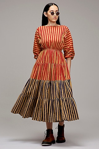 Shell Green & Blue Handwoven Cotton Hand-Block Printed Tiered Dress by Mati