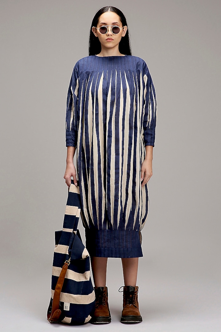 Off-White & Blue Handwoven Cotton Hand-Block Printed Vacation Dress by Mati at Pernia's Pop Up Shop